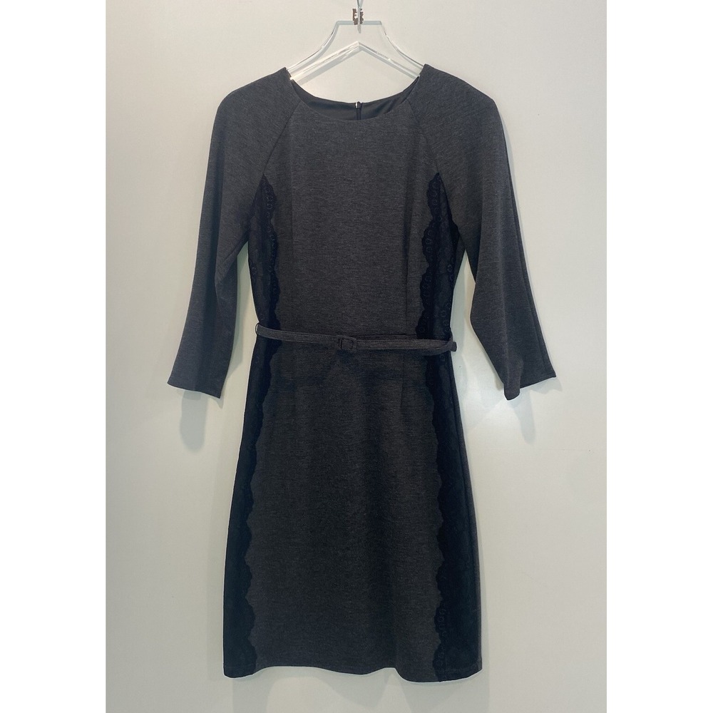 David Meister Gray Sheath Dress Black Lace Trim Belted 3/4 Sleeve Womens Size 10